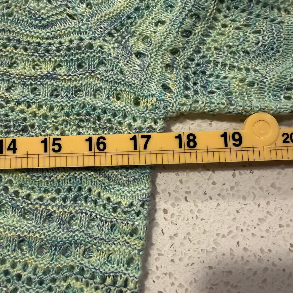 Mint Green Open Knit Ruched Sweater Long Bell Sleeves Scalloped Hem V Neck Airy - Picture 8 of 10